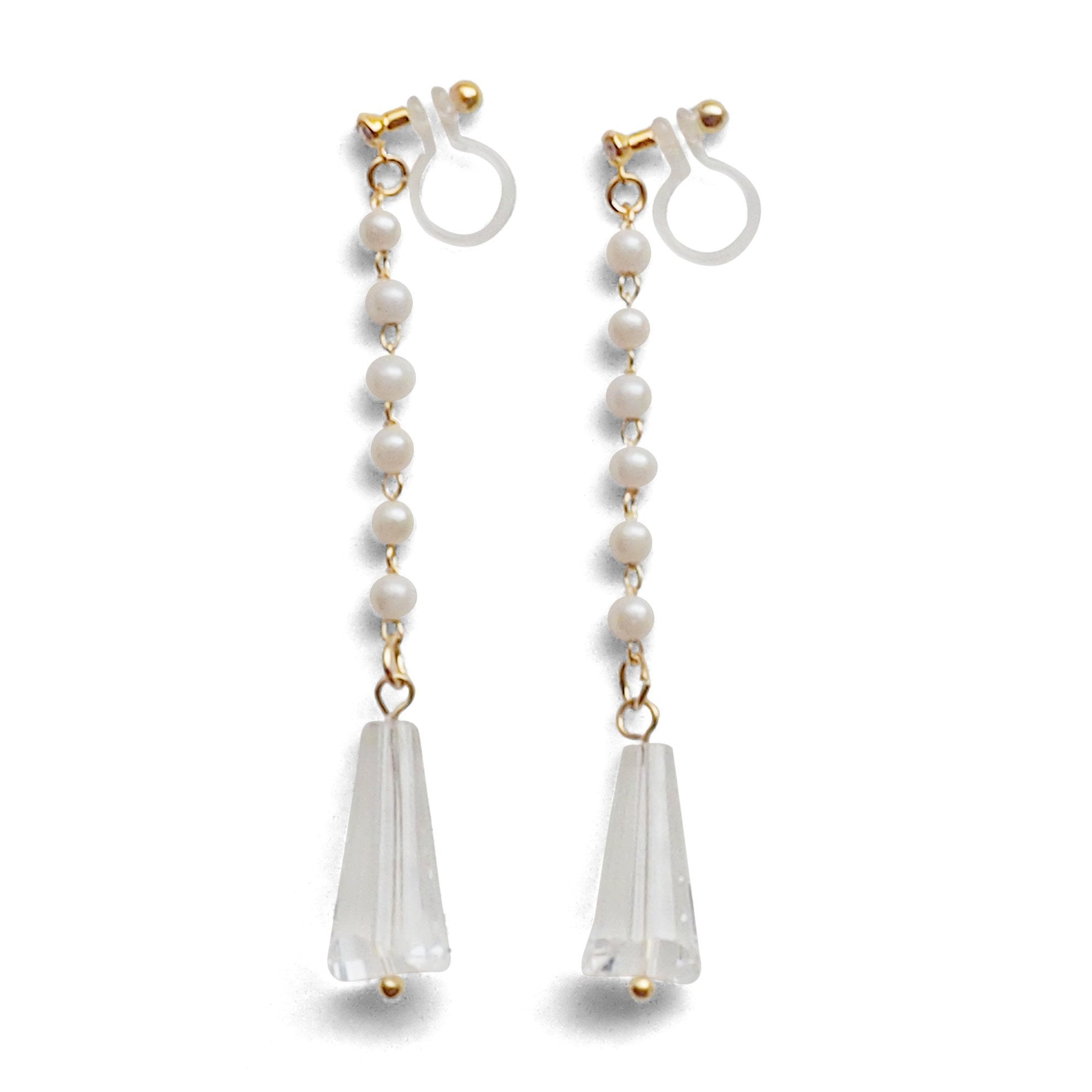 Dangle white pearl with triangle clear crystal invisible clip on earrings - miyabigracejewelry.com