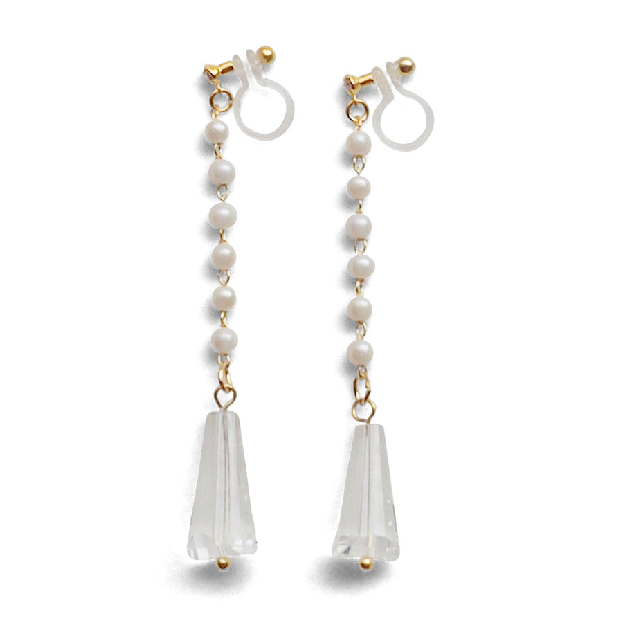 Dangle white pearl with triangle clear crystal invisible clip on earrings - miyabigracejewelry.com
