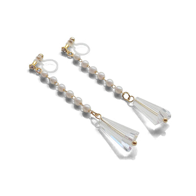 Dangle white pearl with triangle clear crystal invisible clip on earrings - miyabigracejewelry.com