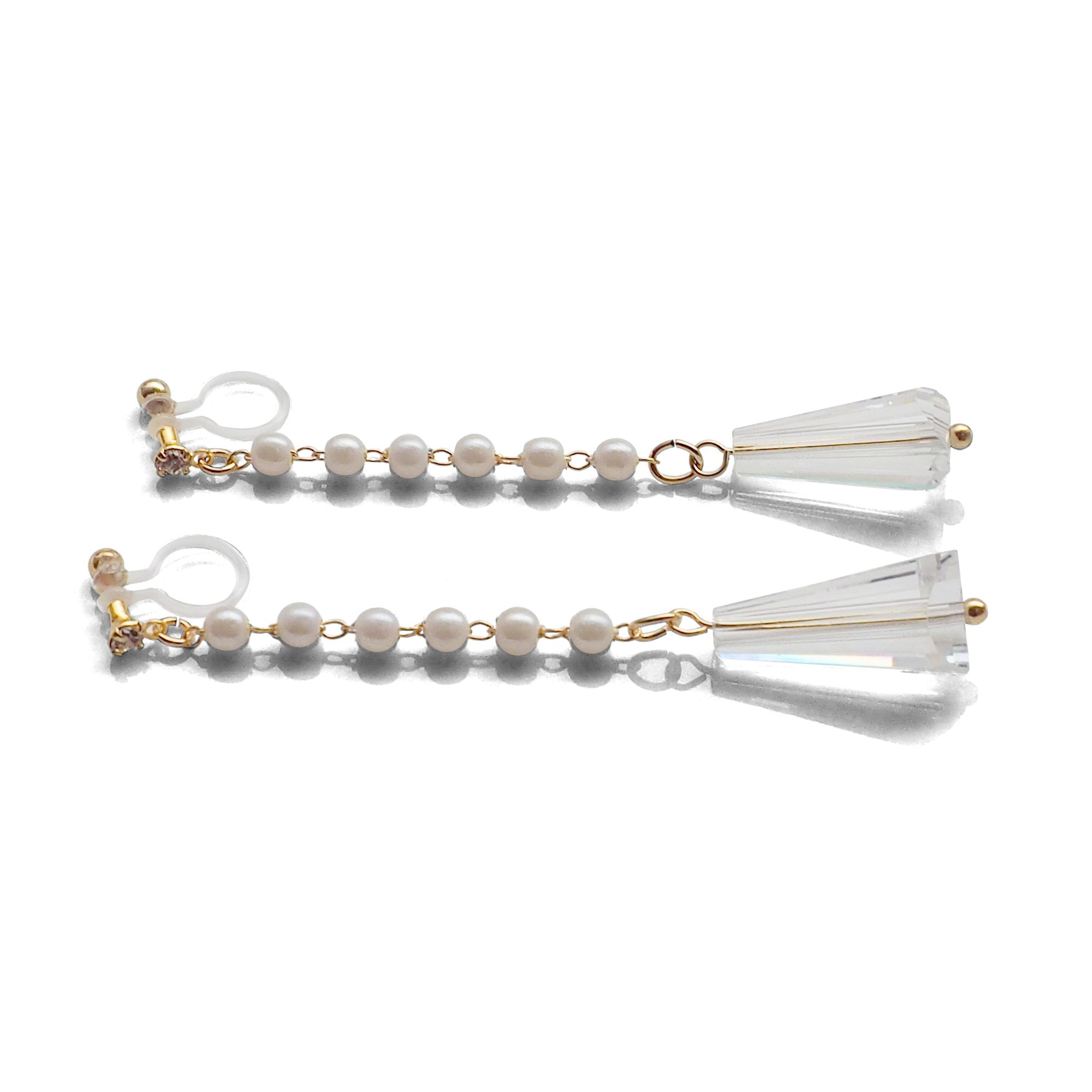 Dangle white pearl with triangle clear crystal invisible clip on earrings - miyabigracejewelry.com