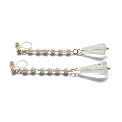 Dangle white pearl with triangle clear crystal invisible clip on earrings - miyabigracejewelry.com