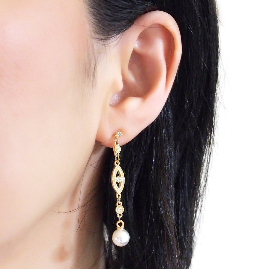bridal dangle white pearl with crystal invisible clip on earrings - miyabigracejewelry.com