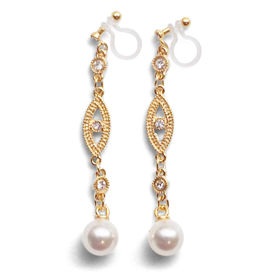 bridal dangle white pearl with crystal invisible clip on earrings - miyabigracejewelry.com