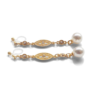 bridal dangle white pearl with crystal invisible clip on earrings - miyabigracejewelry.com