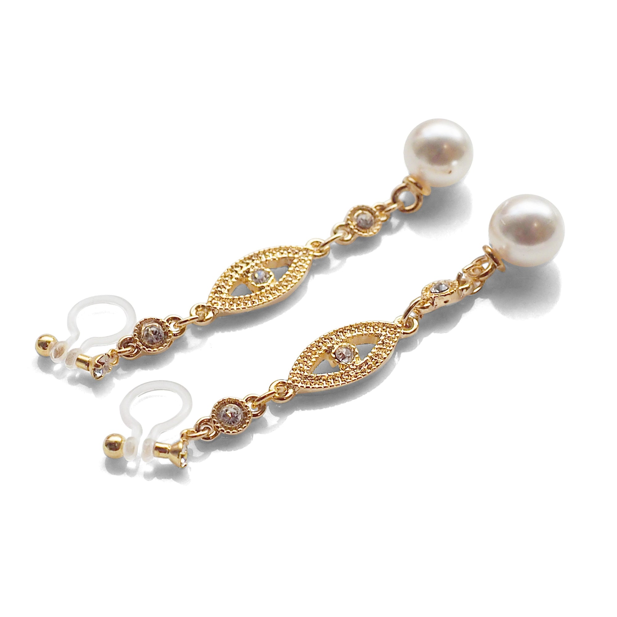 bridal dangle white pearl with crystal invisible clip on earrings - miyabigracejewelry.com