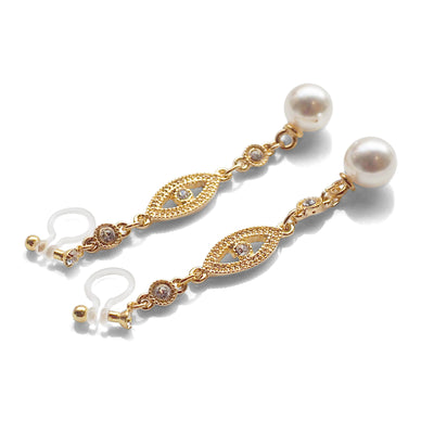 bridal dangle white pearl with crystal invisible clip on earrings - miyabigracejewelry.com