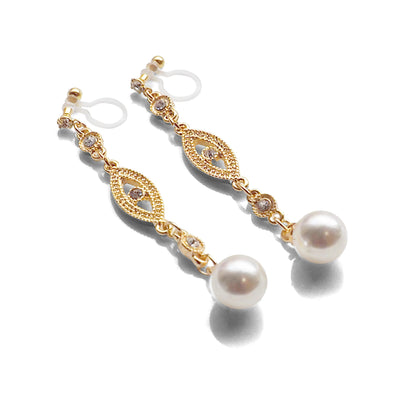 bridal dangle white pearl with crystal invisible clip on earrings - miyabigracejewelry.com