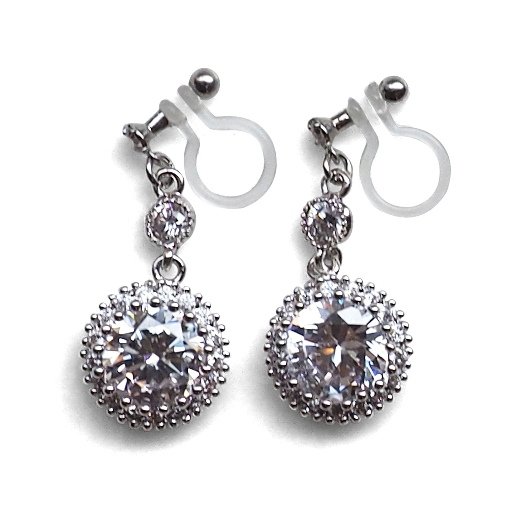 Round cubic zirconia invisible clip on earrings ( Silver tone ) - Miyabi Grace