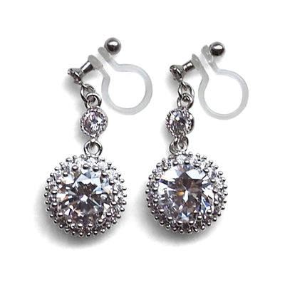 Round cubic zirconia invisible clip on earrings ( Silver tone ) - Miyabi Grace