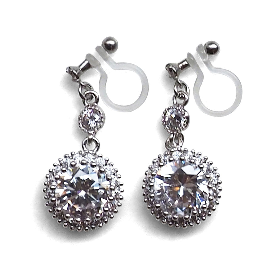 Round cubic zirconia invisible clip on earrings ( Silver tone ) - Miyabi Grace