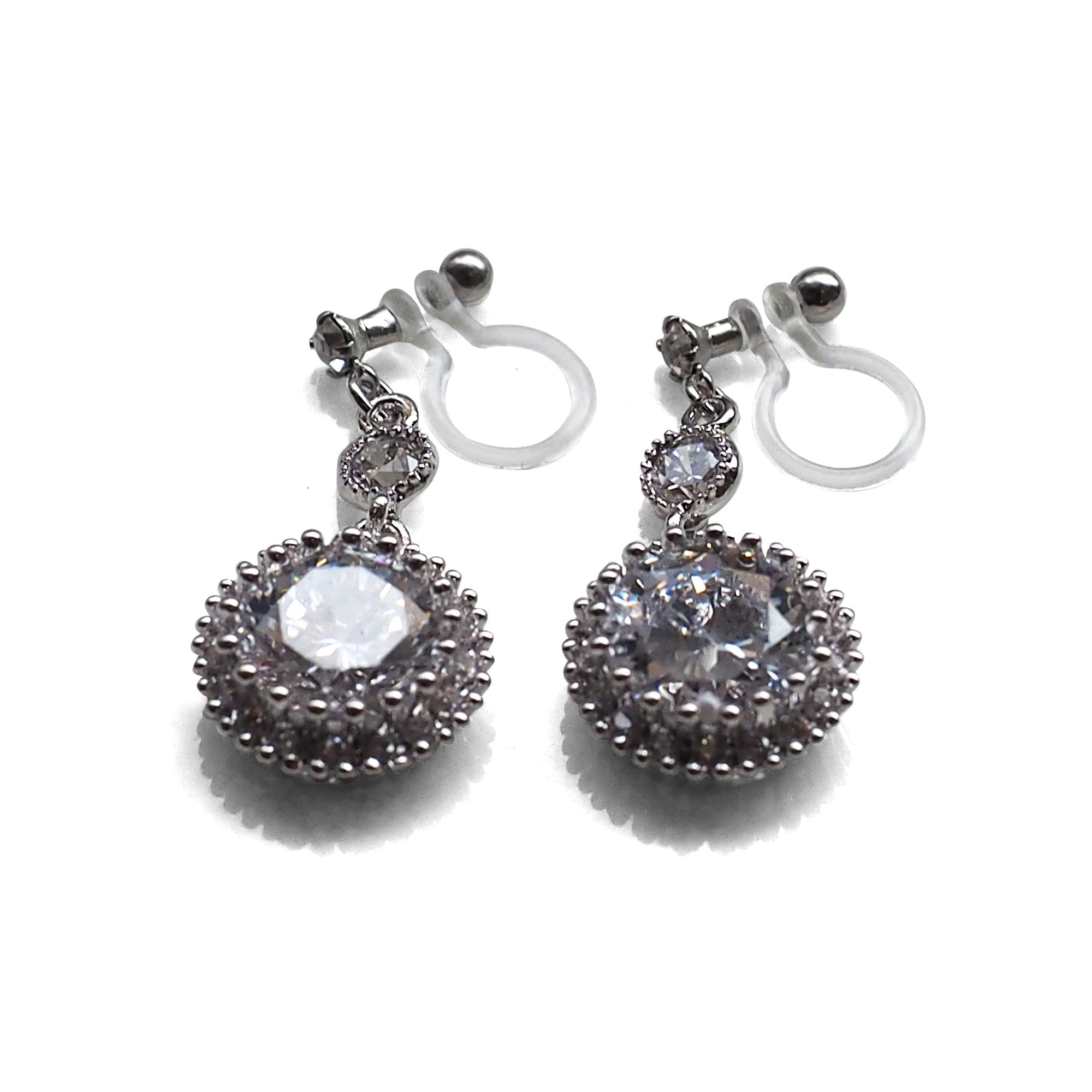 Round cubic zirconia invisible clip on earrings ( Silver tone ) - Miyabi Grace