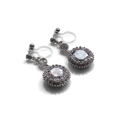 Round cubic zirconia invisible clip on earrings ( Silver tone ) - Miyabi Grace