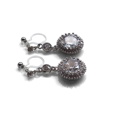 Round cubic zirconia invisible clip on earrings ( Silver tone ) - Miyabi Grace