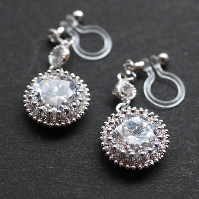 Round cubic zirconia invisible clip on earrings ( Silver tone ) - Miyabi Grace