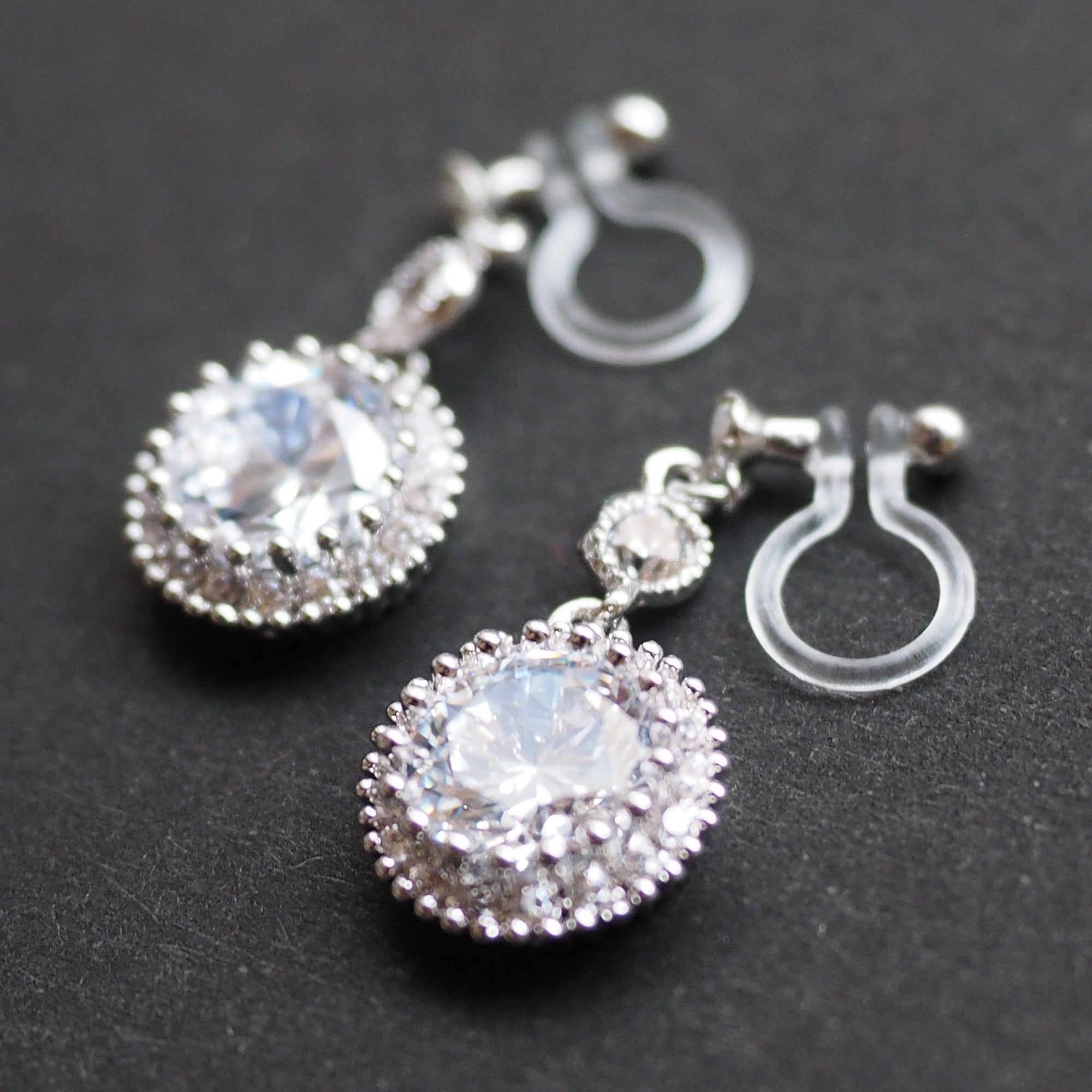 Round cubic zirconia invisible clip on earrings ( Silver tone ) - Miyabi Grace