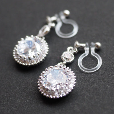 Round cubic zirconia invisible clip on earrings ( Silver tone ) - Miyabi Grace