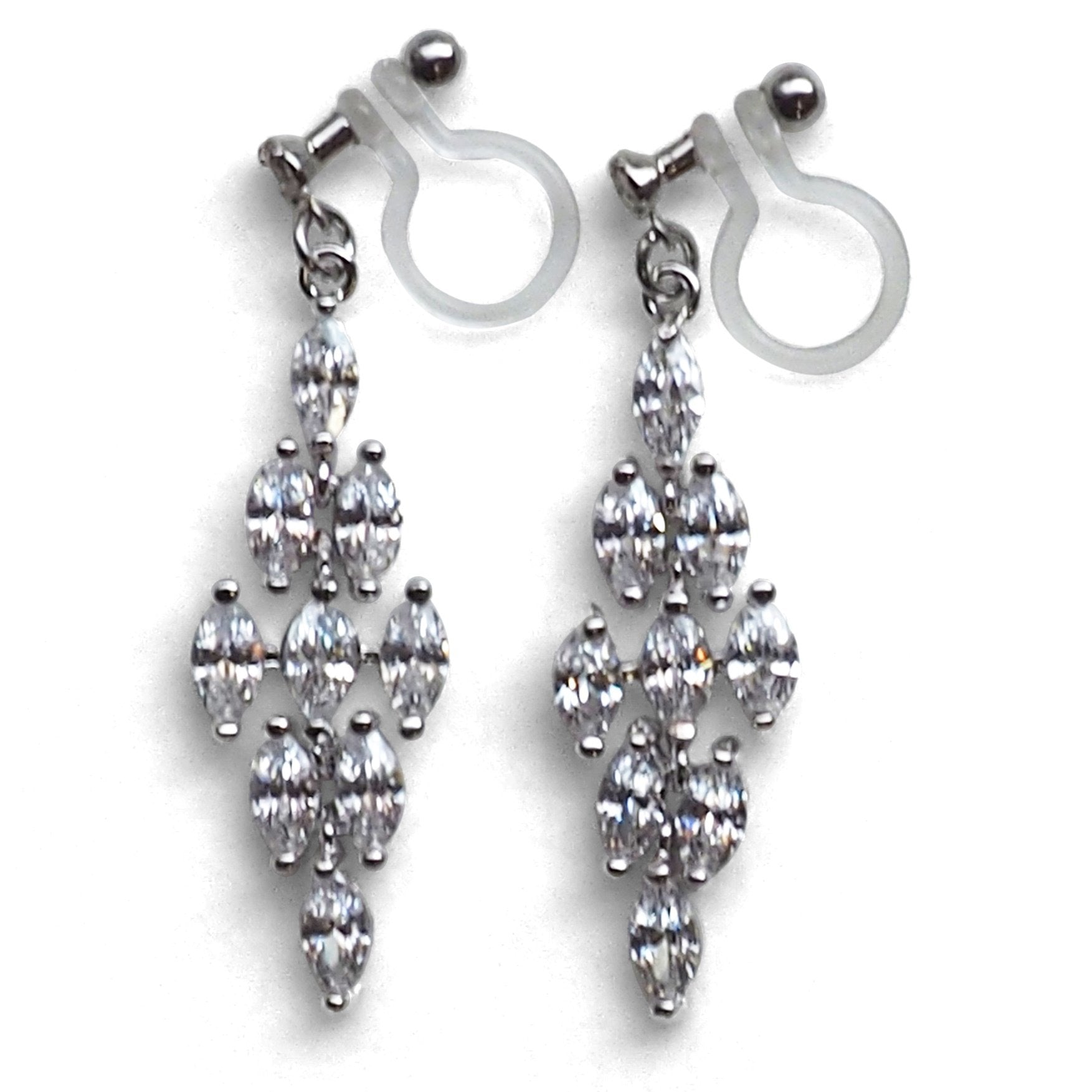 Diamond shape cubic zirconia invisible clip on earrings ( silver tone ) - miyabigracejewelry.com