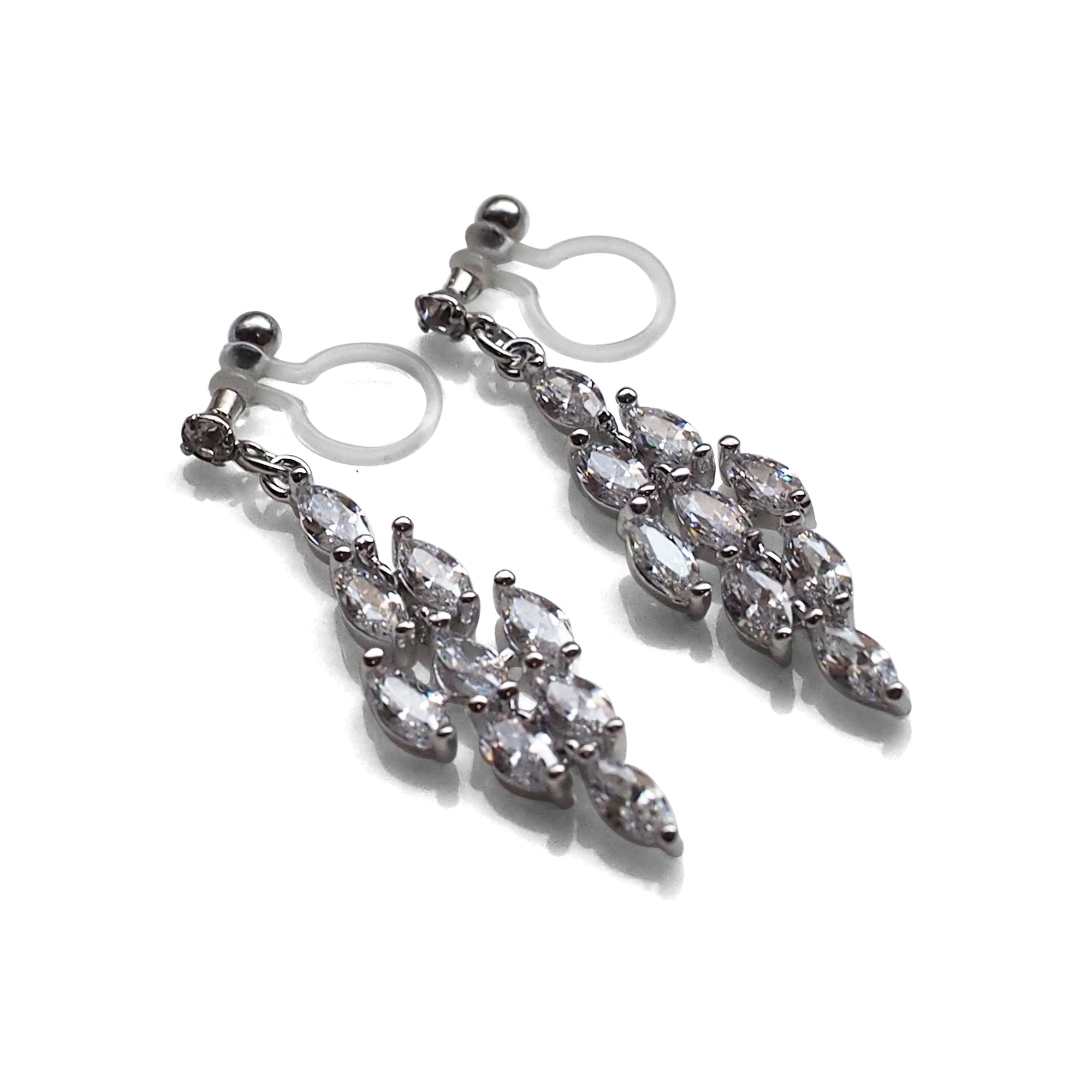 Diamond shape cubic zirconia invisible clip on earrings ( silver tone ) - miyabigracejewelry.com