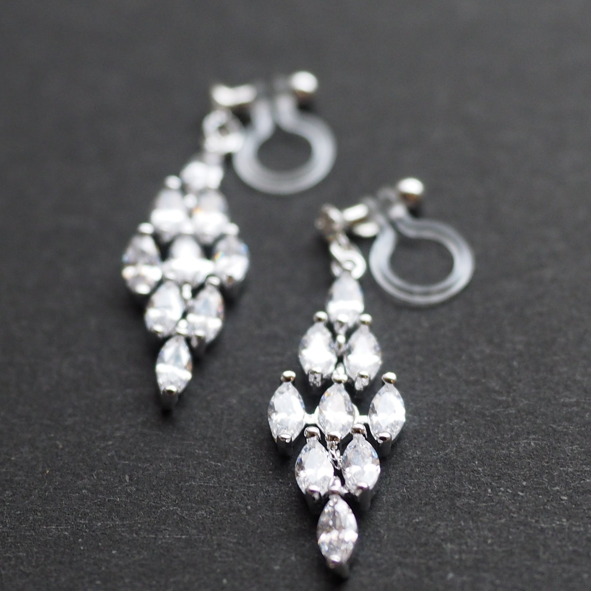 Diamond shape cubic zirconia invisible clip on earrings ( silver tone ) - miyabigracejewelry.com