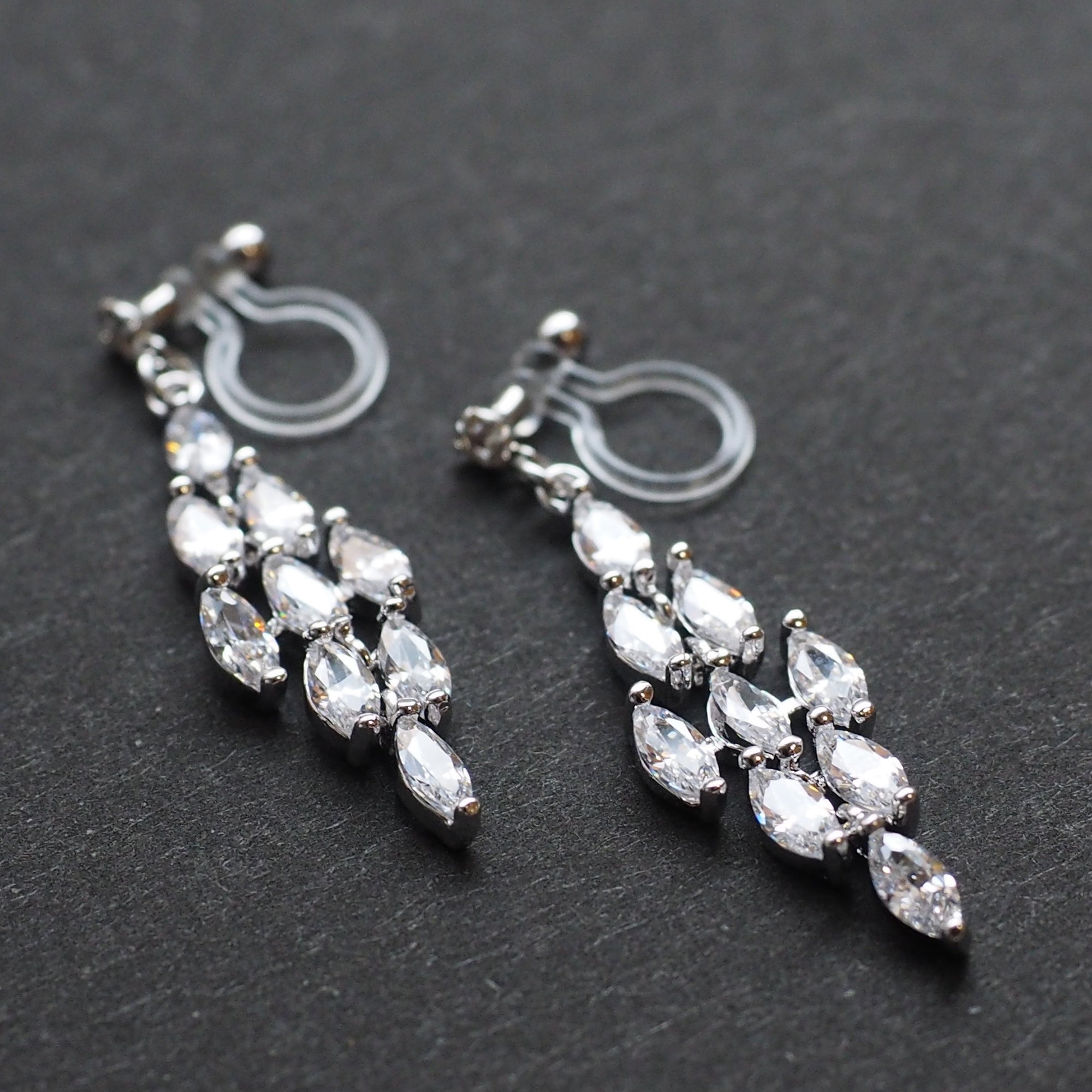 Diamond shape cubic zirconia invisible clip on earrings ( silver tone ) - miyabigracejewelry.com