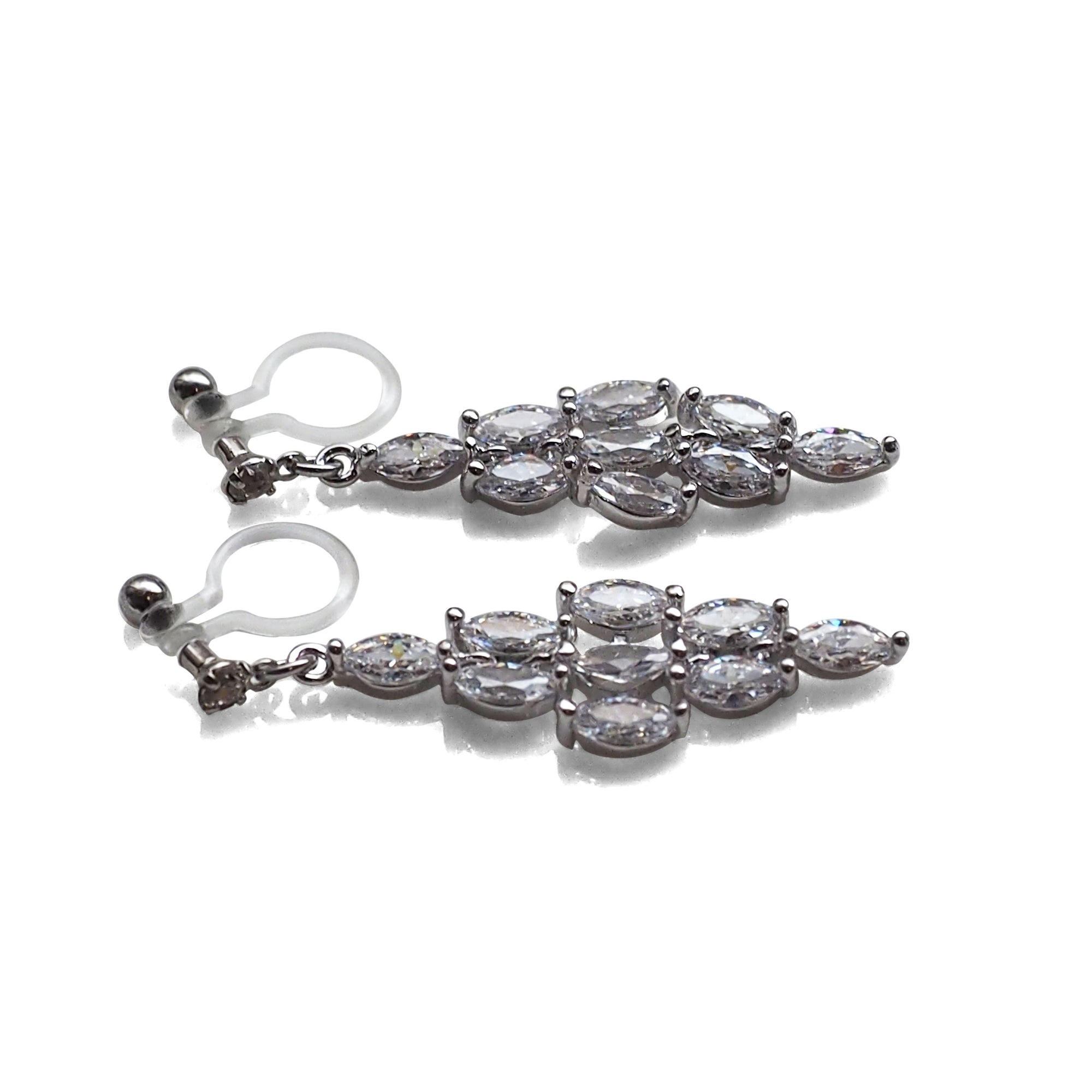 Diamond shape cubic zirconia invisible clip on earrings ( silver tone ) - miyabigracejewelry.com