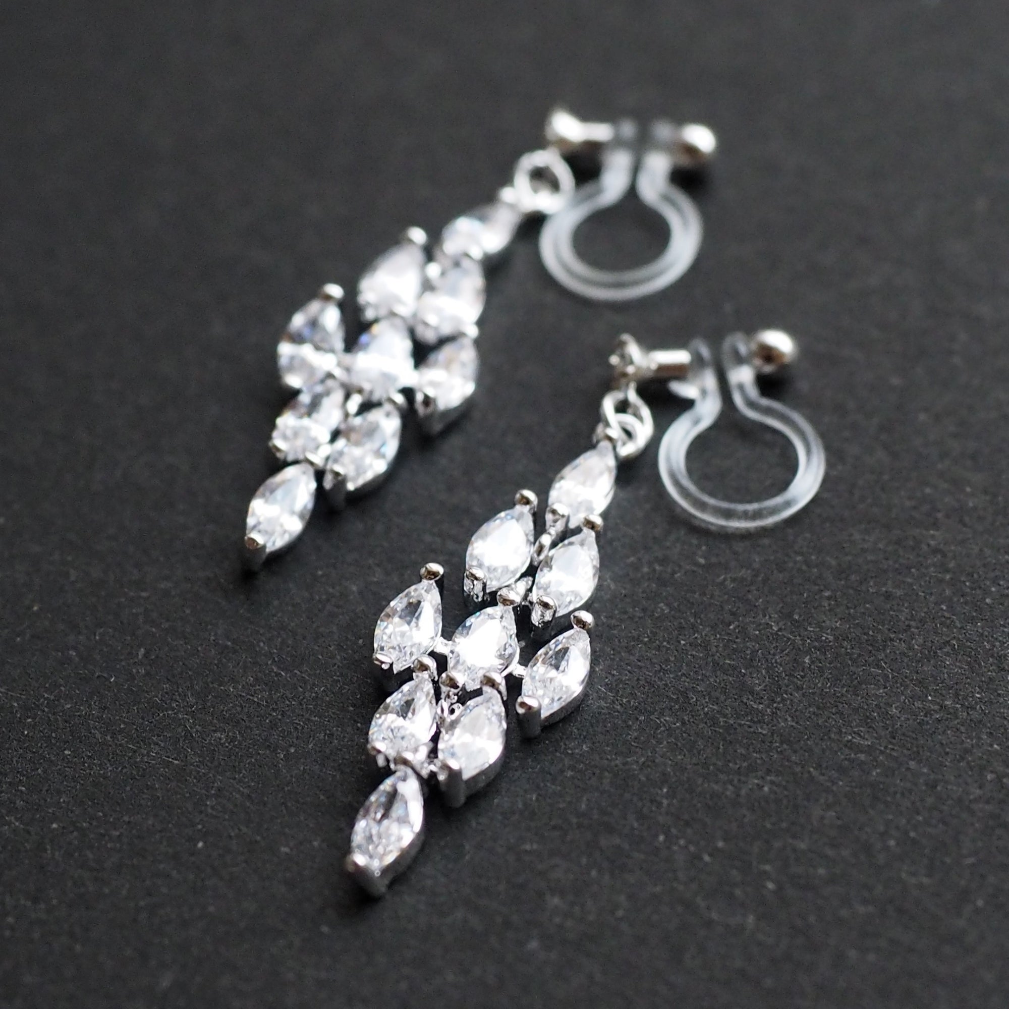 Diamond shape cubic zirconia invisible clip on earrings ( silver tone ) - miyabigracejewelry.com