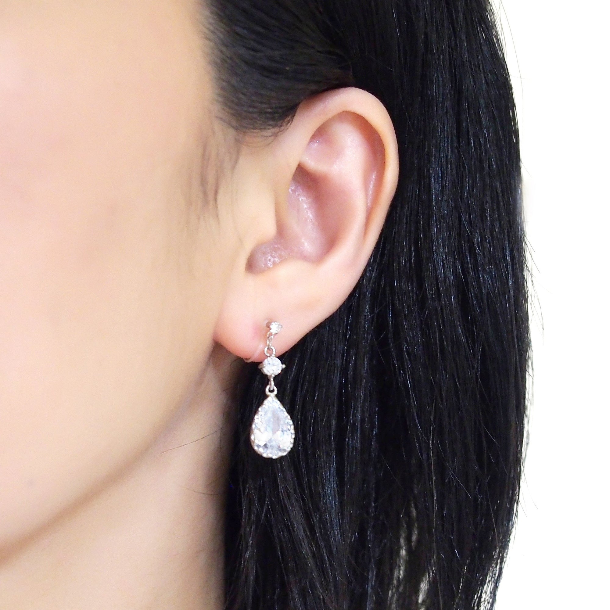 Bridal teardrop cubic zirconia crystal invisible clip on earrings ( silver tone ) - miyabigracejewelry.com
