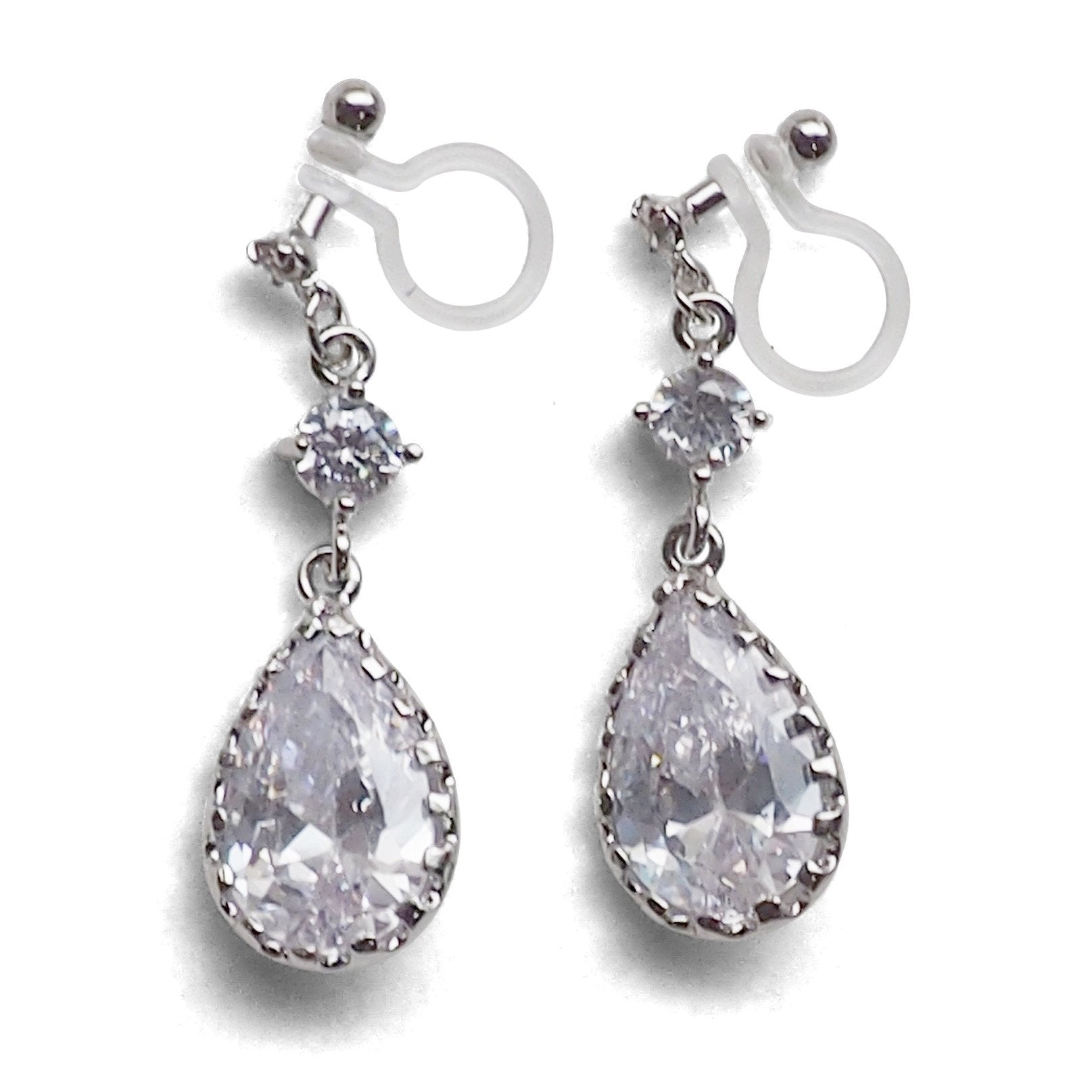 Bridal teardrop cubic zirconia crystal invisible clip on earrings ( silver tone ) - miyabigracejewelry.com