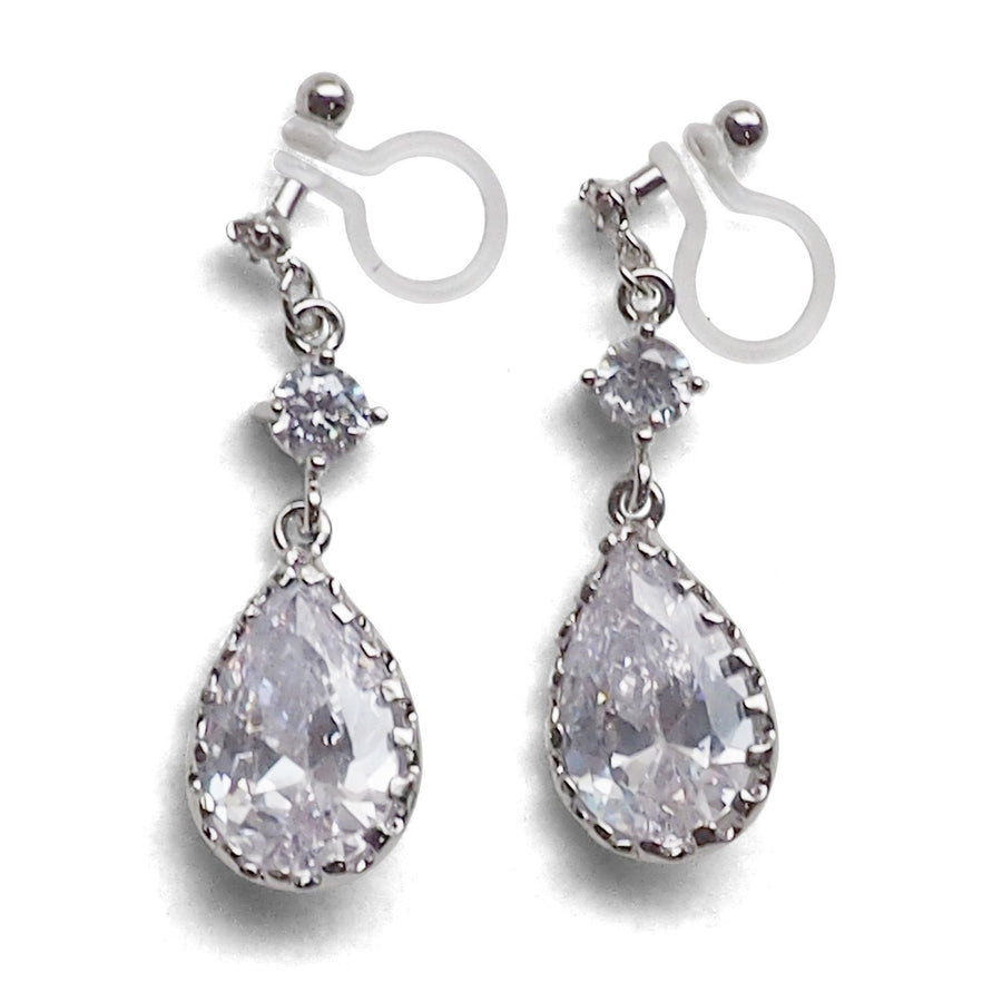 Bridal teardrop cubic zirconia crystal invisible clip on earrings ( silver tone ) - miyabigracejewelry.com