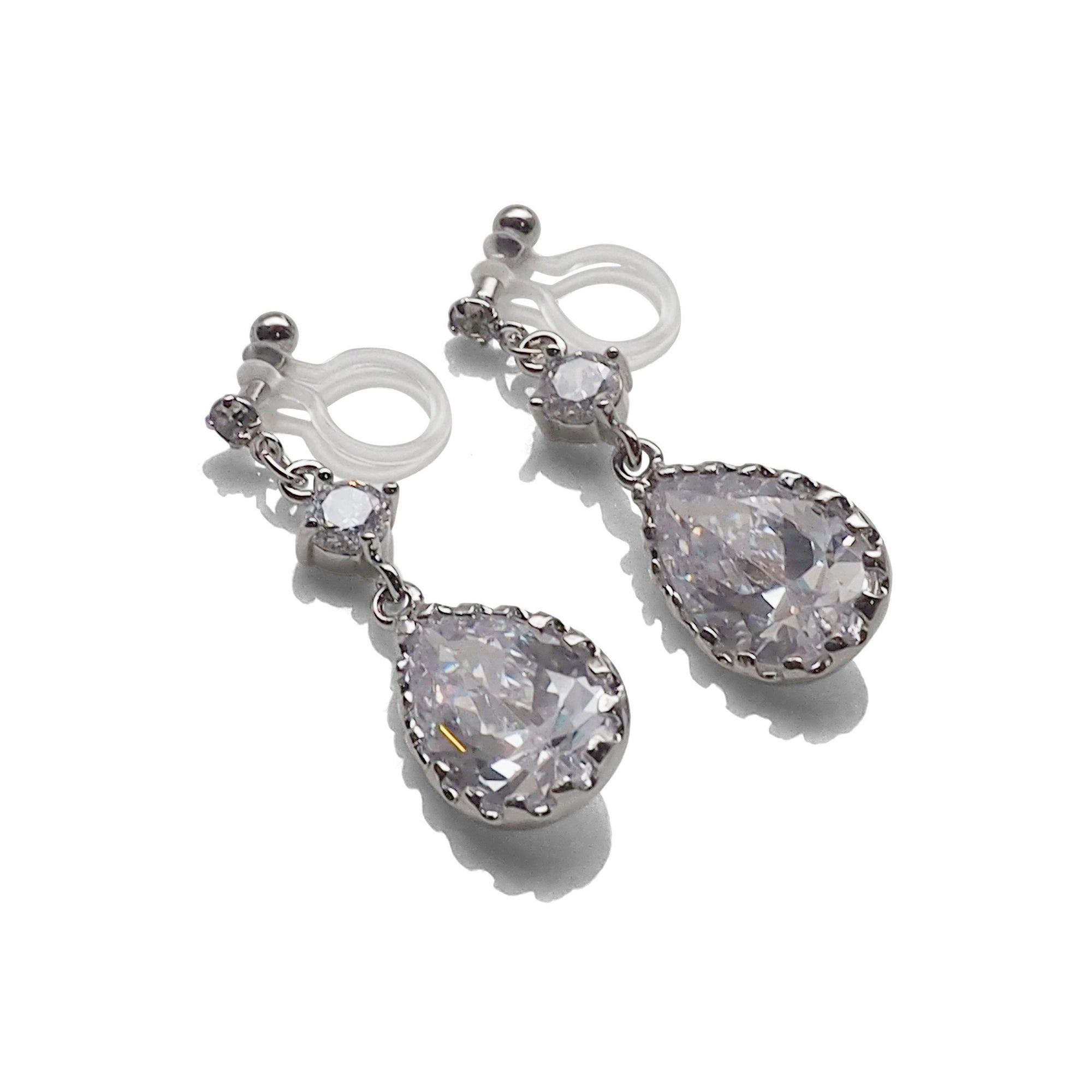 Bridal teardrop cubic zirconia crystal invisible clip on earrings ( silver tone ) - miyabigracejewelry.com