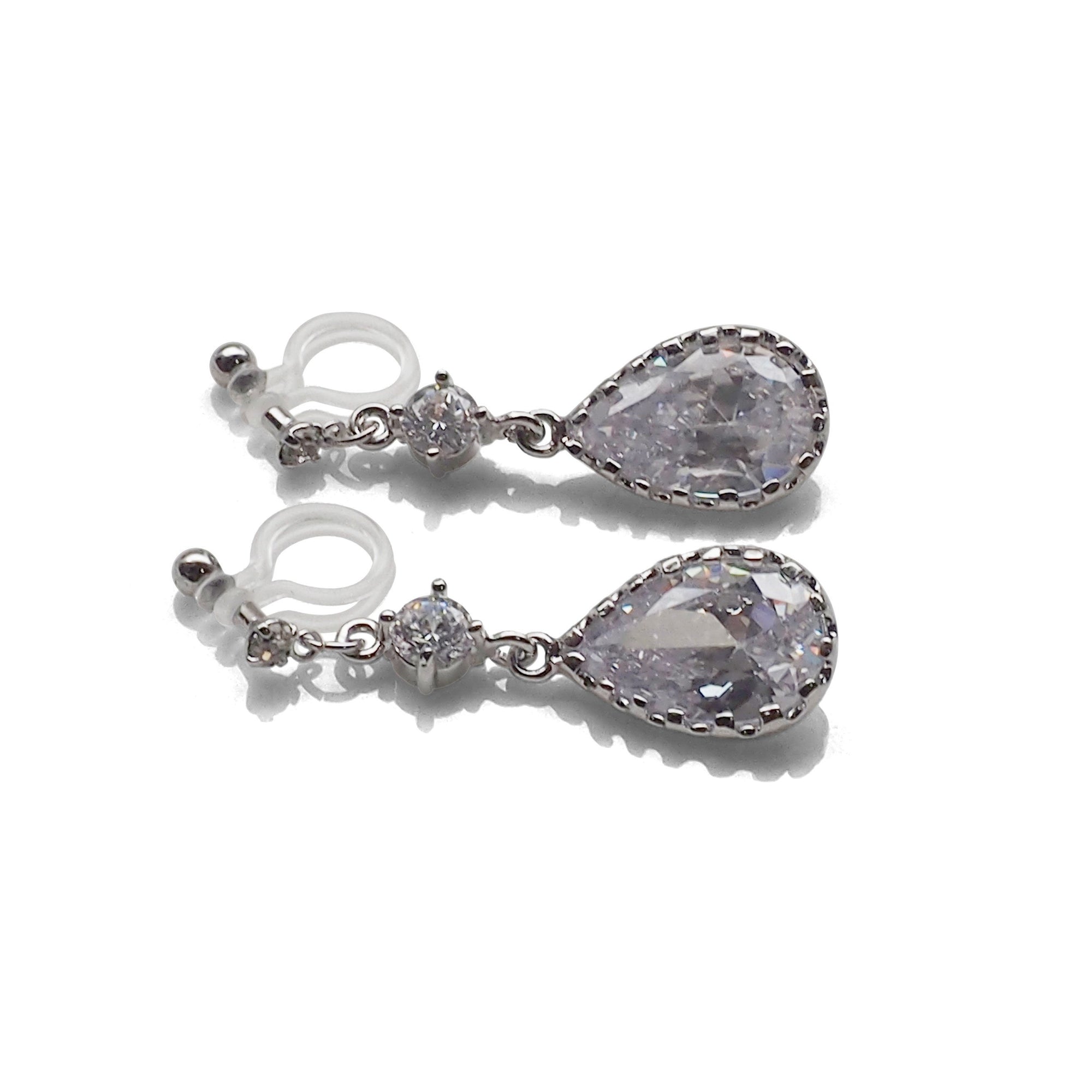 Bridal teardrop cubic zirconia crystal invisible clip on earrings ( silver tone ) - miyabigracejewelry.com