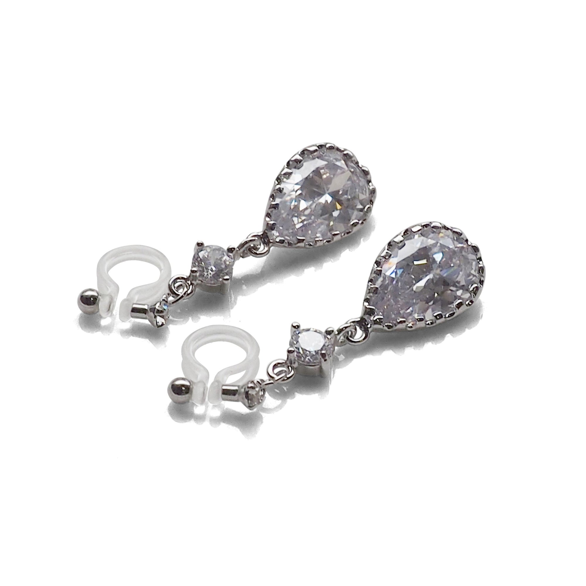 Bridal teardrop cubic zirconia crystal invisible clip on earrings ( silver tone ) - miyabigracejewelry.com