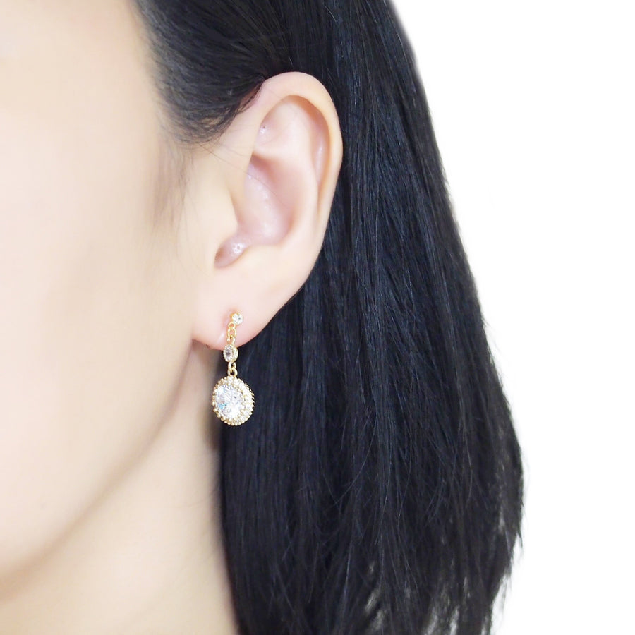 Round cubic zirconia invisible clip on earrings ( gold tone ) - miyabigracejewelry.com