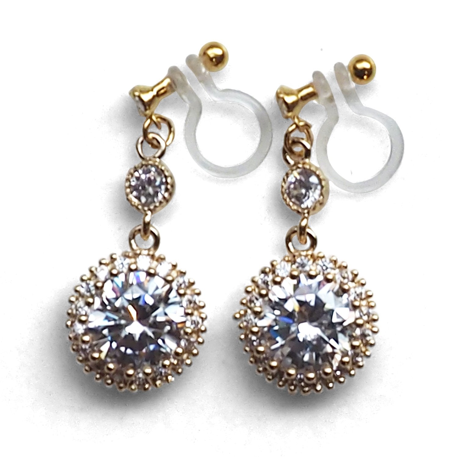Round cubic zirconia invisible clip on earrings ( gold tone ) - miyabigracejewelry.com