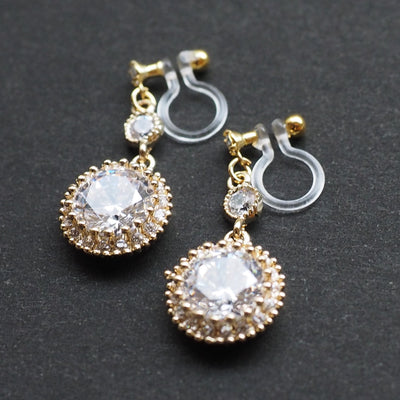 Round cubic zirconia invisible clip on earrings ( gold tone ) - miyabigracejewelry.com