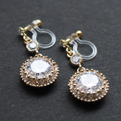 Round cubic zirconia invisible clip on earrings ( gold tone ) - miyabigracejewelry.com