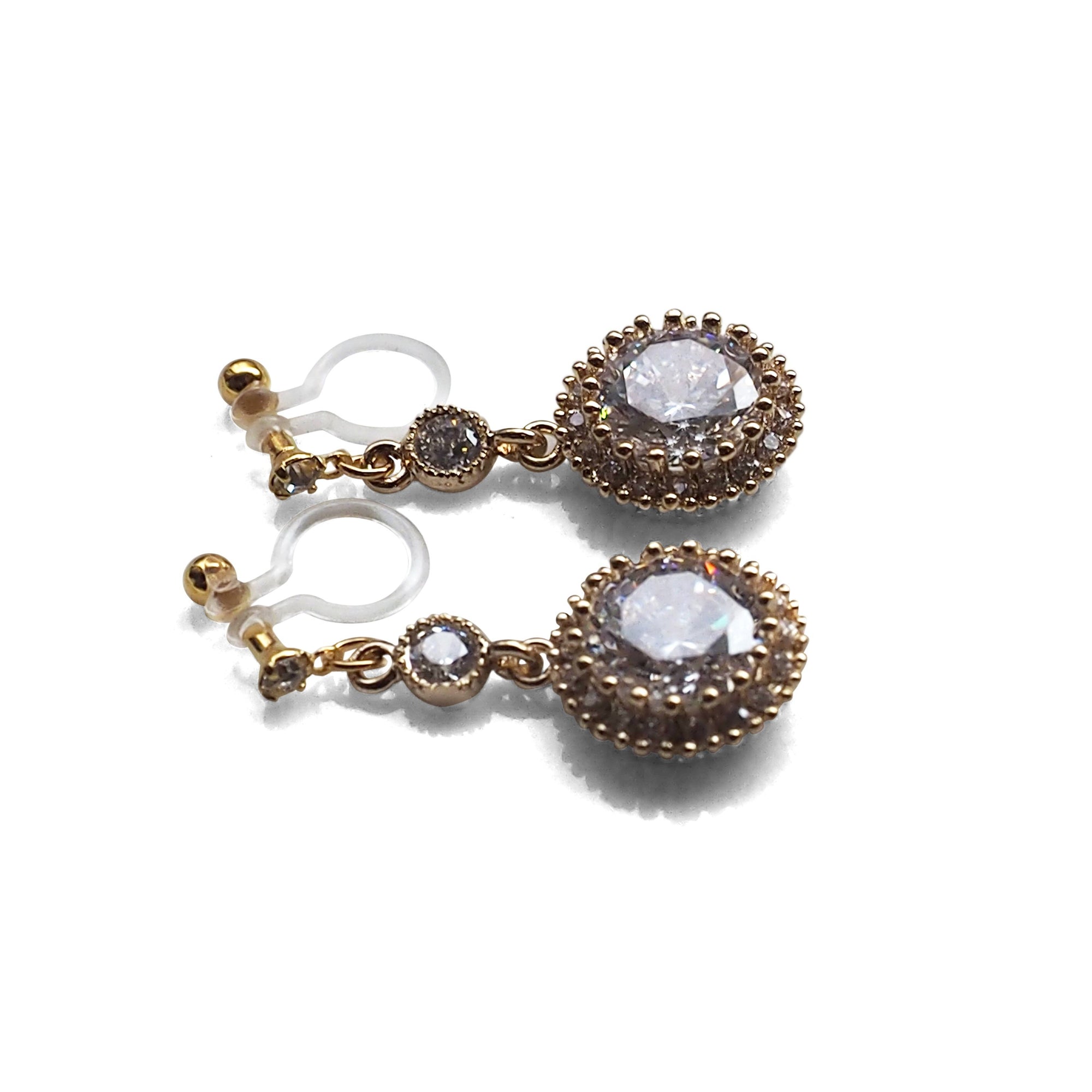 Round cubic zirconia invisible clip on earrings ( gold tone ) - miyabigracejewelry.com