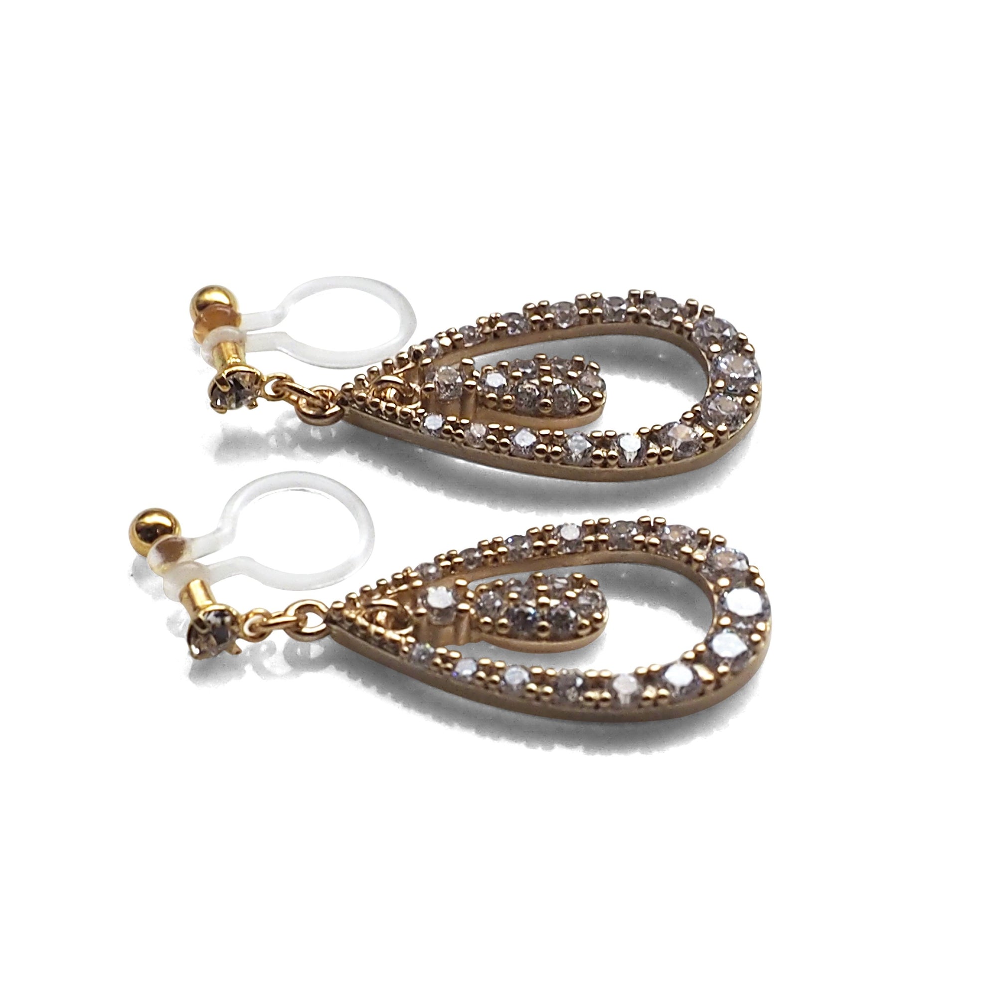 Double Teardrop cubic zirconia invisible clip on earrrings ( Gold tone) - miyabigracejewelry.com