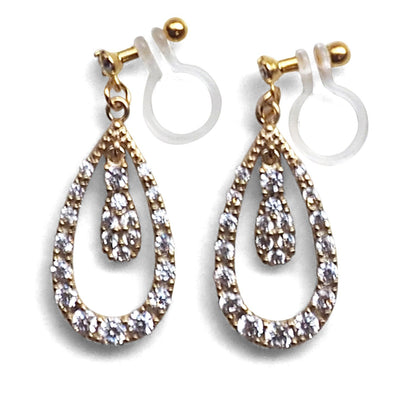 Double Teardrop cubic zirconia invisible clip on earrrings ( Gold tone) - miyabigracejewelry.com