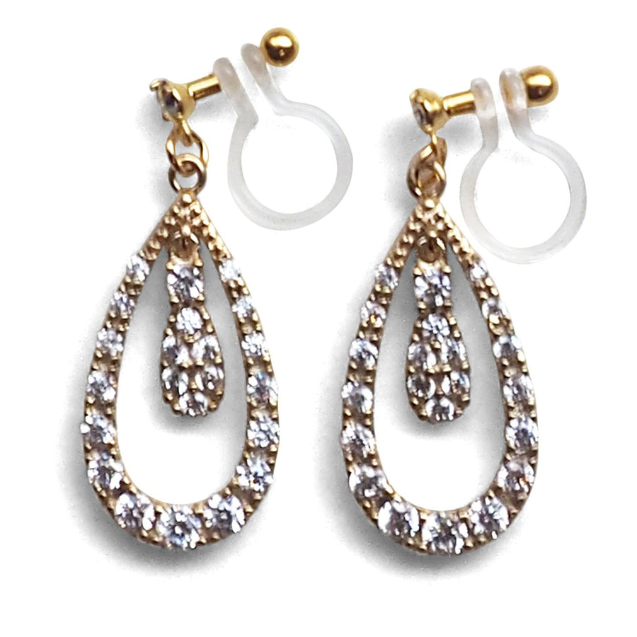 Double Teardrop cubic zirconia invisible clip on earrrings ( Gold tone) - miyabigracejewelry.com