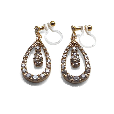 Double Teardrop cubic zirconia invisible clip on earrrings ( Gold tone) - miyabigracejewelry.com