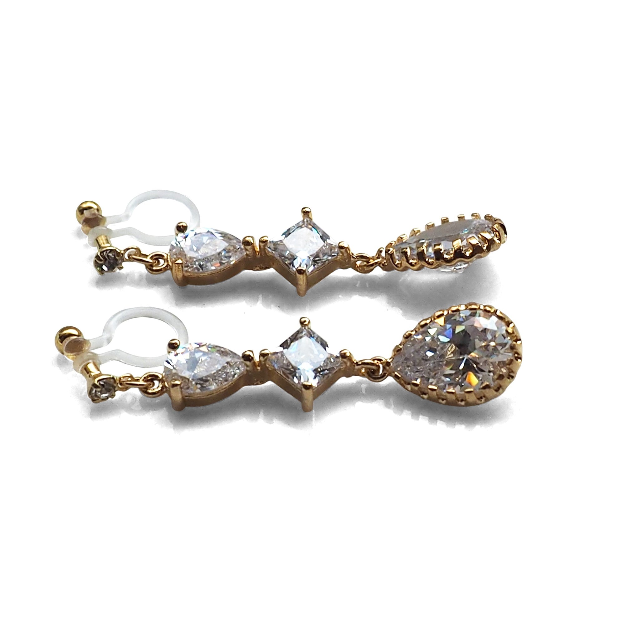 Bridal drop cubic zirconia invisible clip on earrrings (Gold tone) - miyabigracejewelry.com