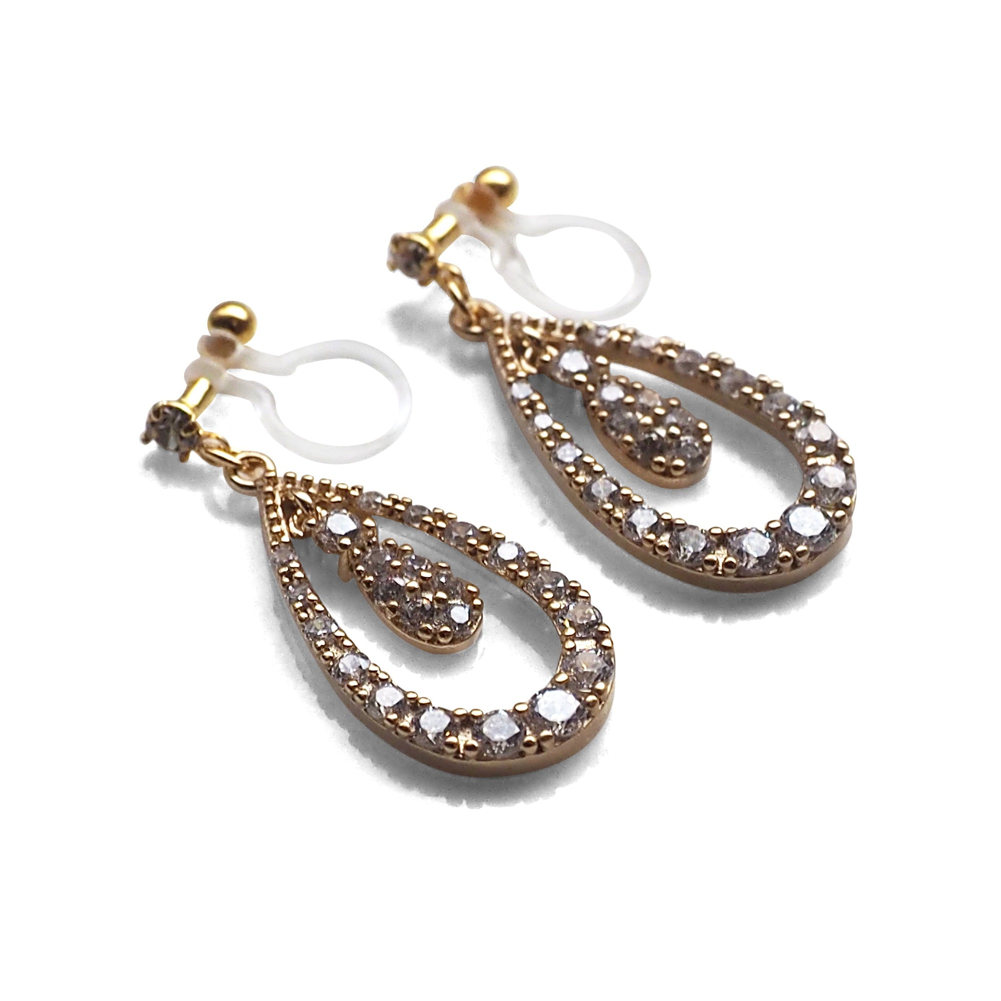 Double Teardrop cubic zirconia invisible clip on earrrings ( Gold tone) - miyabigracejewelry.com