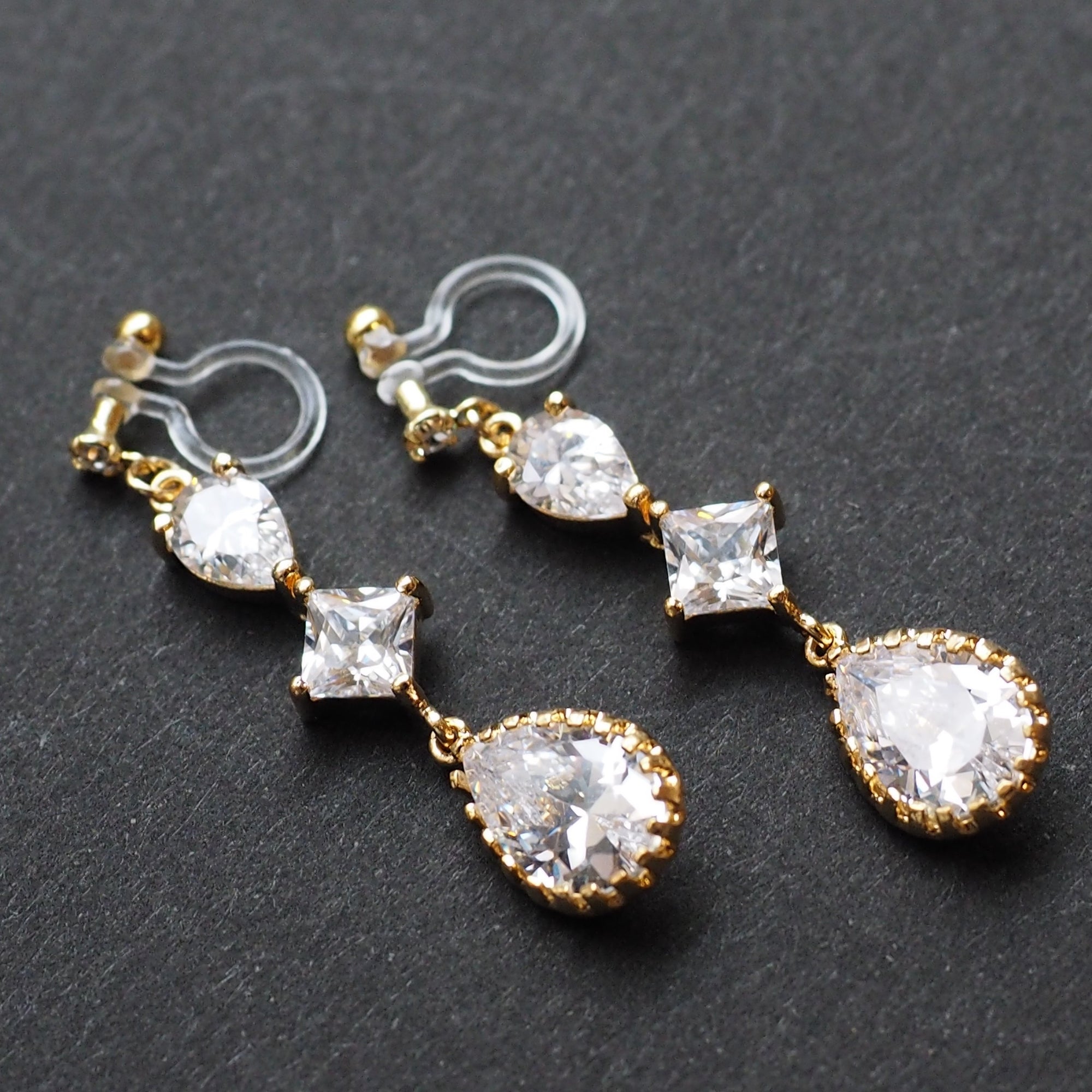 Bridal drop cubic zirconia invisible clip on earrrings (Gold tone) - miyabigracejewelry.com