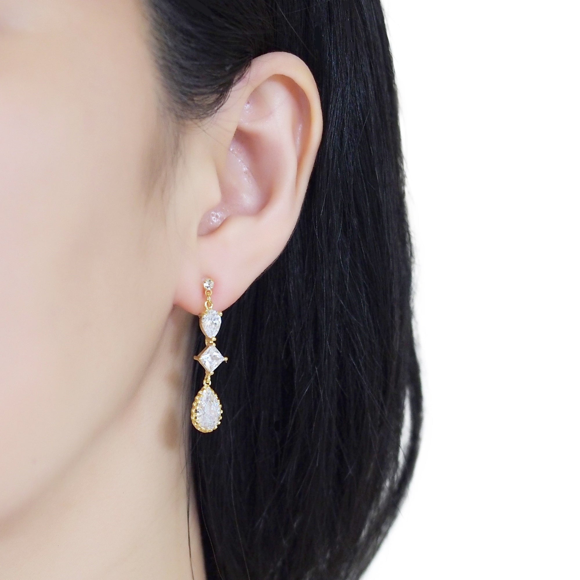 Bridal drop cubic zirconia invisible clip on earrrings (Gold tone) - miyabigracejewelry.com