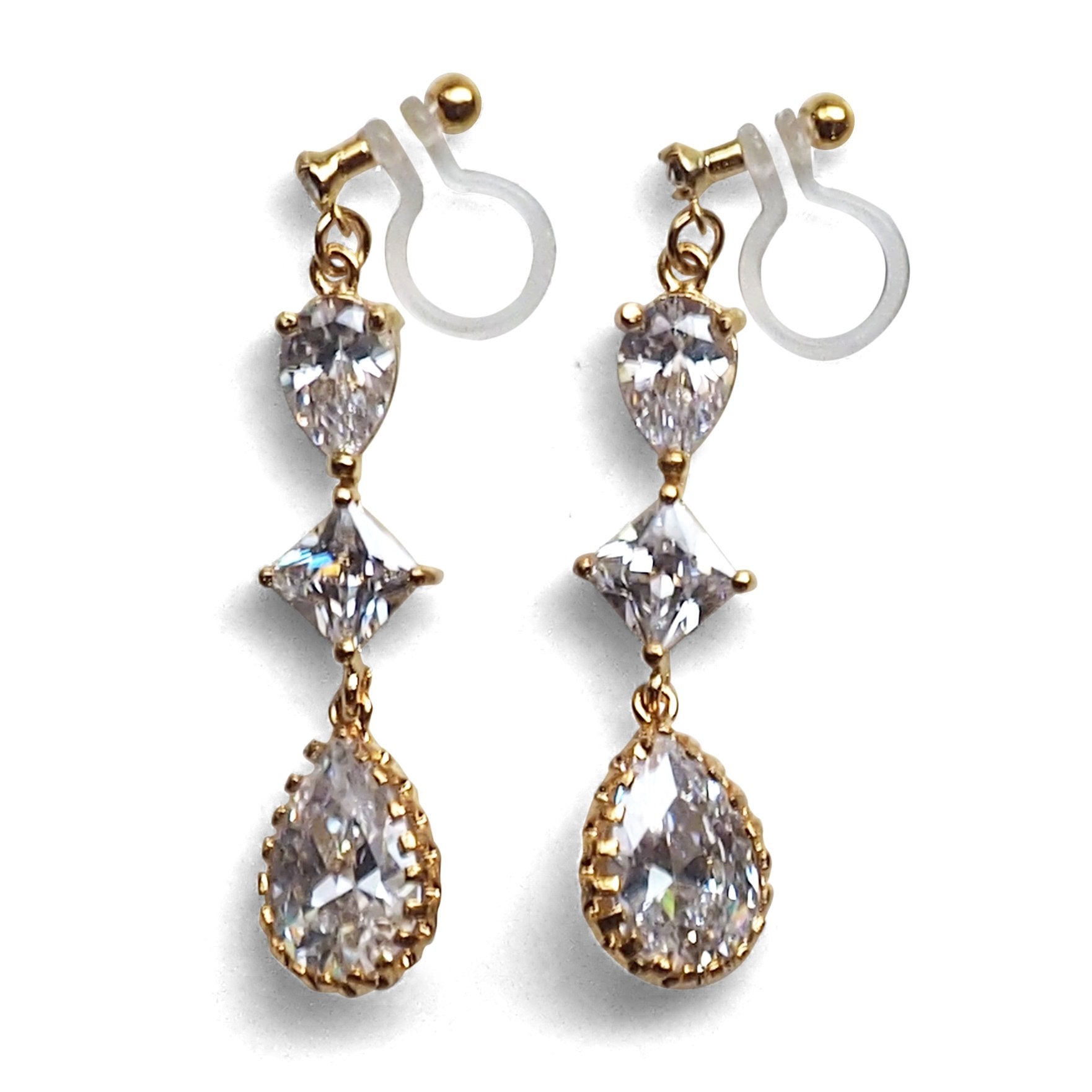 Bridal drop cubic zirconia invisible clip on earrrings (Gold tone) - miyabigracejewelry.com