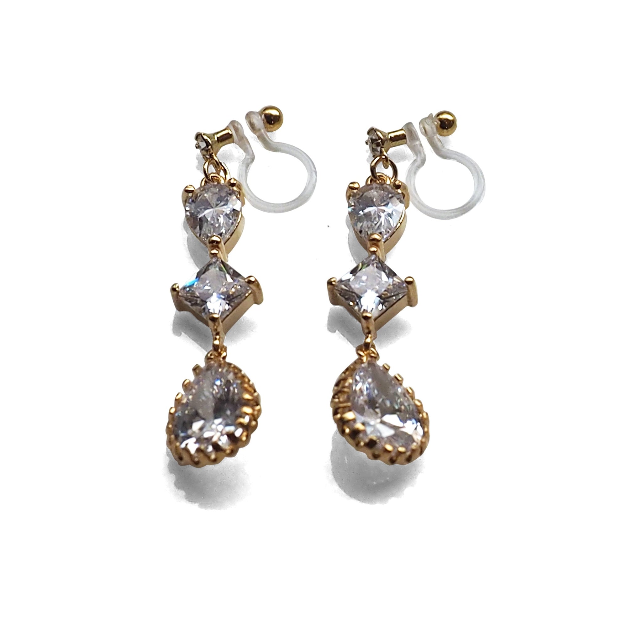 Bridal drop cubic zirconia invisible clip on earrrings (Gold tone) - miyabigracejewelry.com