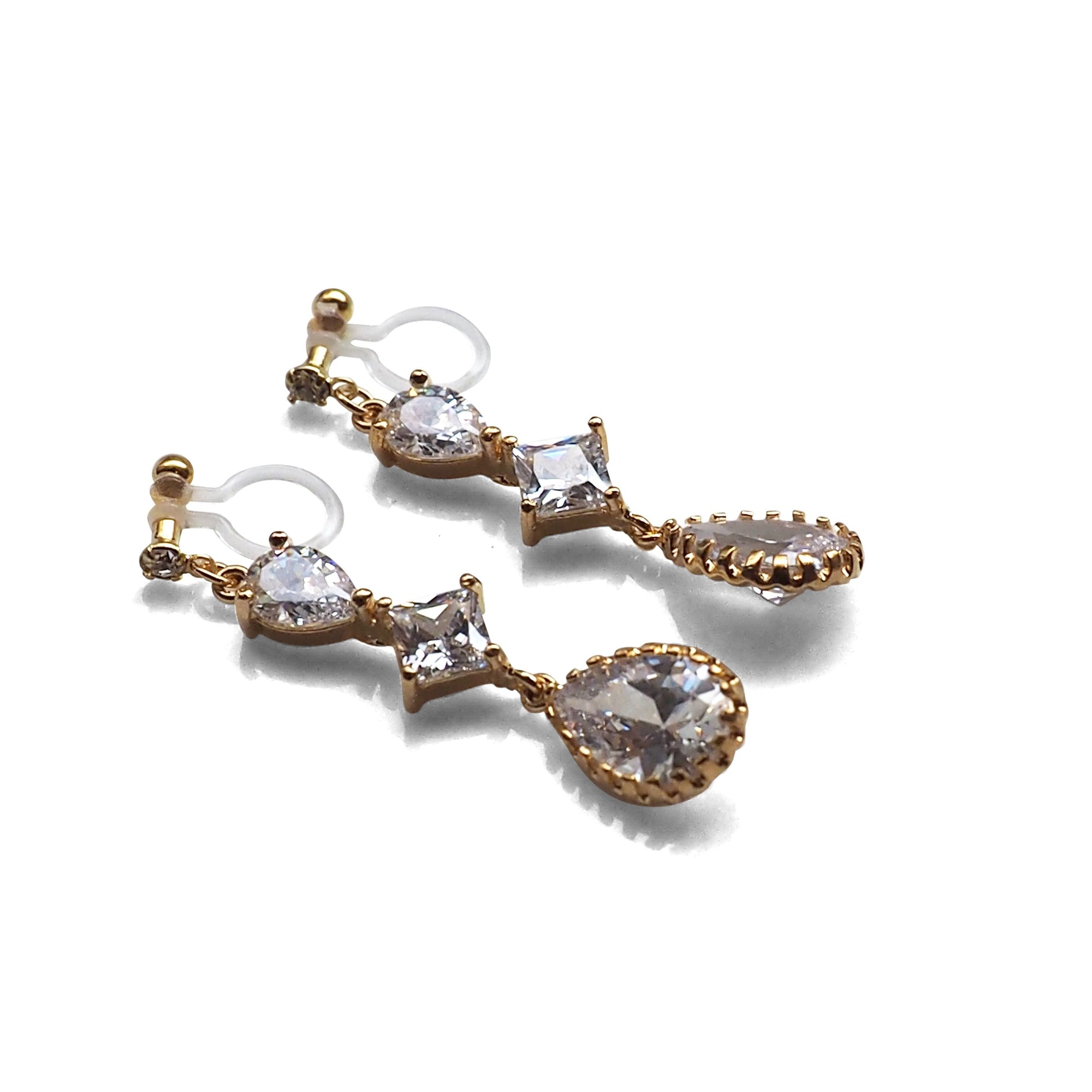 Bridal drop cubic zirconia invisible clip on earrrings (Gold tone) - miyabigracejewelry.com