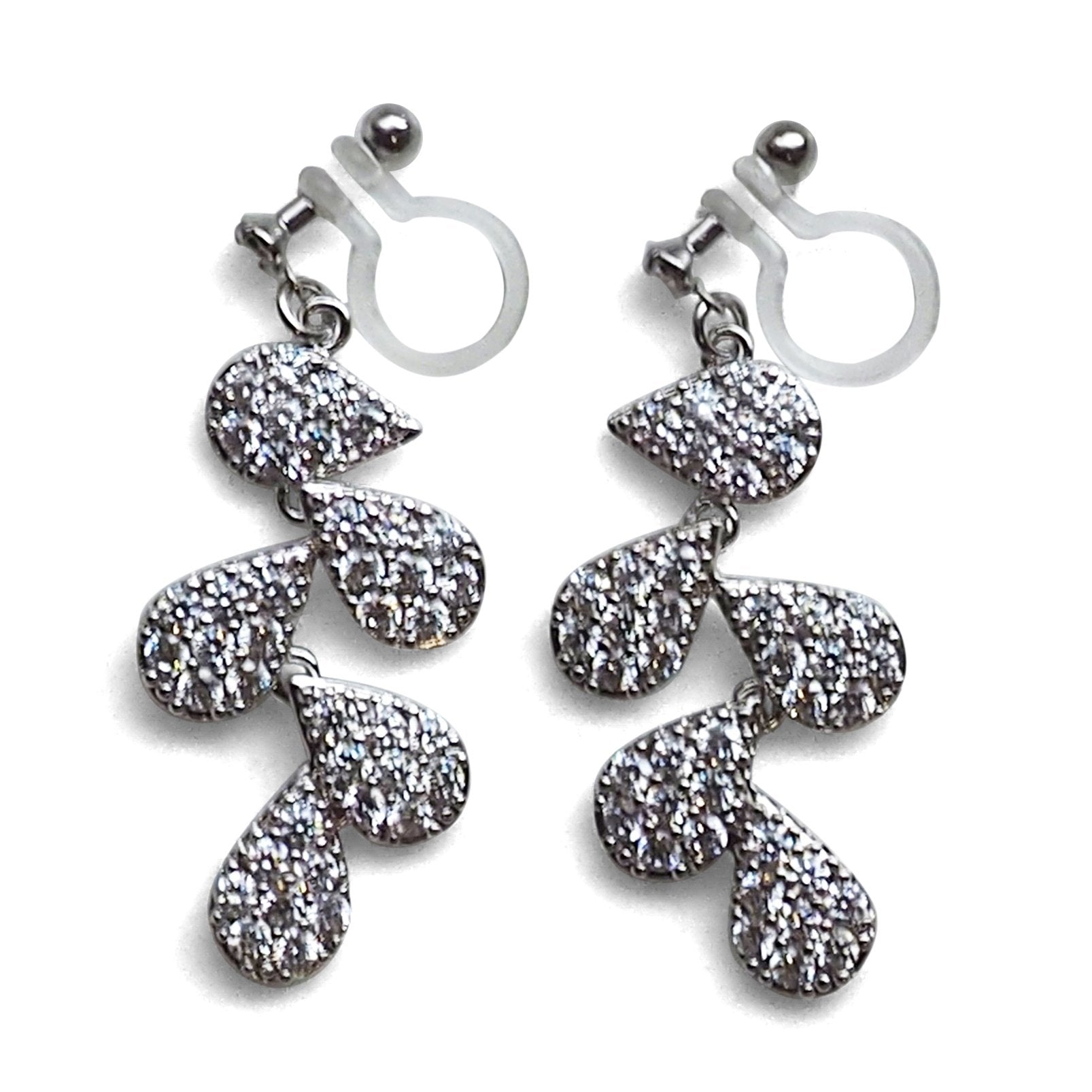 Bridal leaf cubic zirconia invisible clip on earrings  ( Silver tone ) - miyabigracejewelry.com