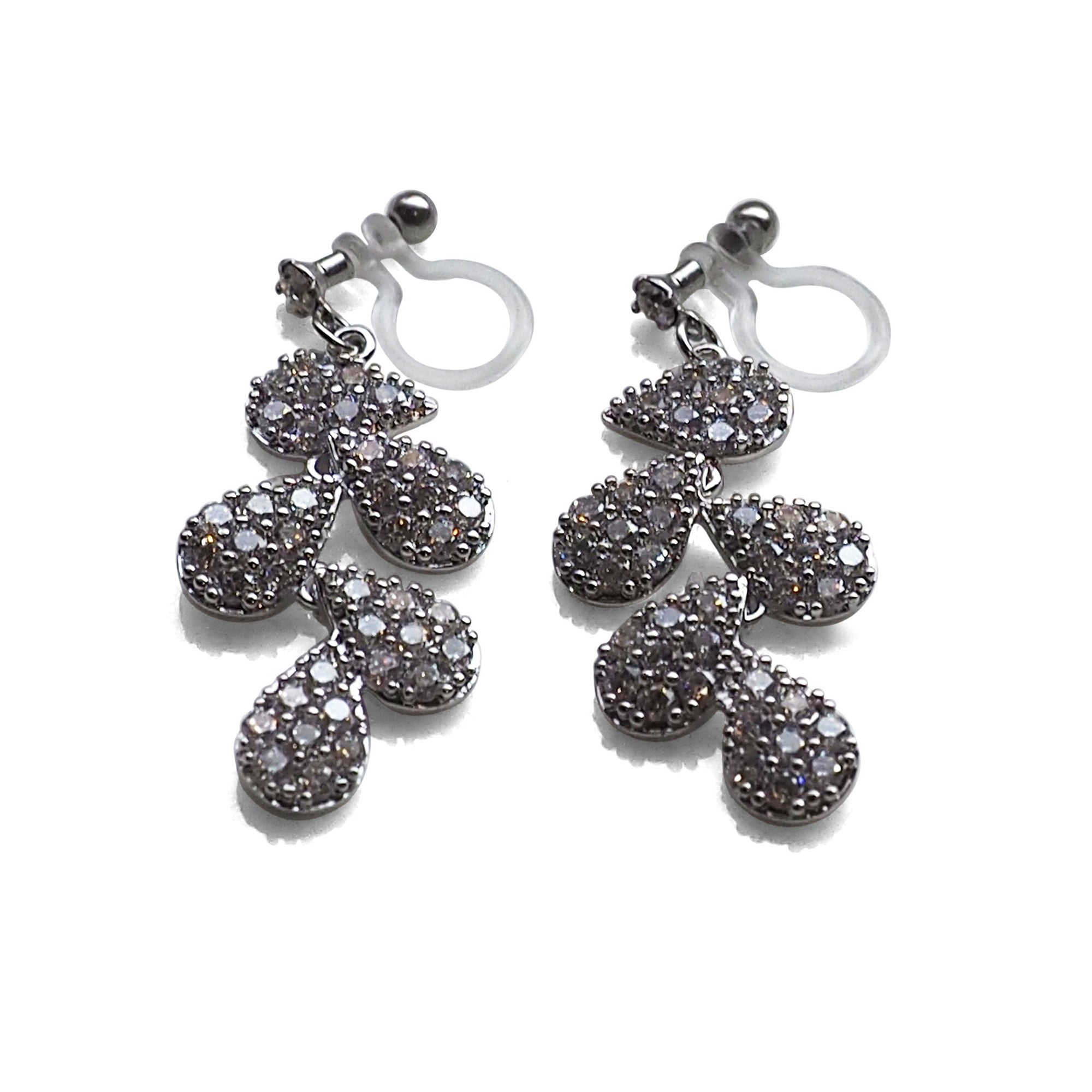 Bridal leaf cubic zirconia invisible clip on earrings  ( Silver tone ) - miyabigracejewelry.com